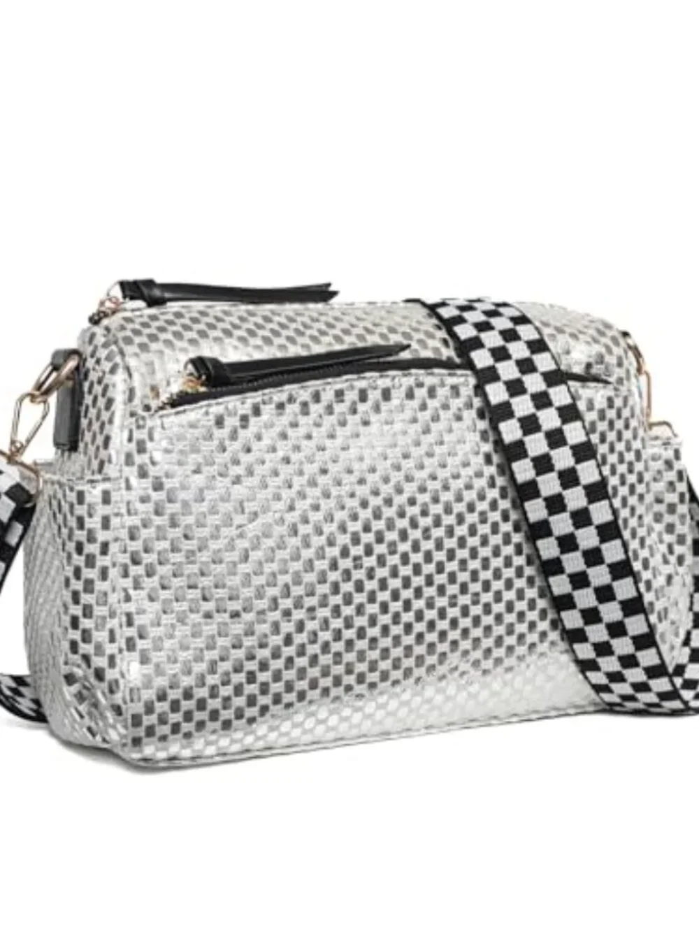 Checkered Crossbody Bag with Adjustable Strap | Nylon Quilted Purse 3 Zips for